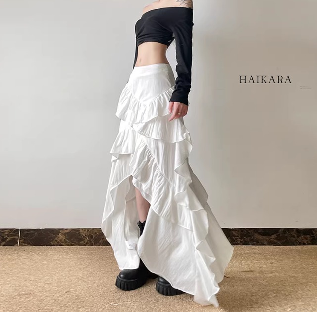 フリルレイヤード アシンメトリー ロングスカート