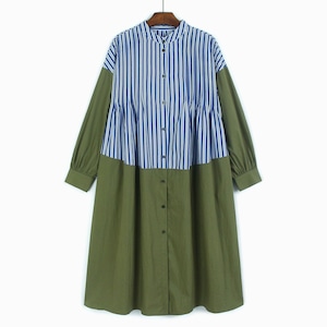 STRIPED PLEATED LONG SLEEVE DRESS M-14525