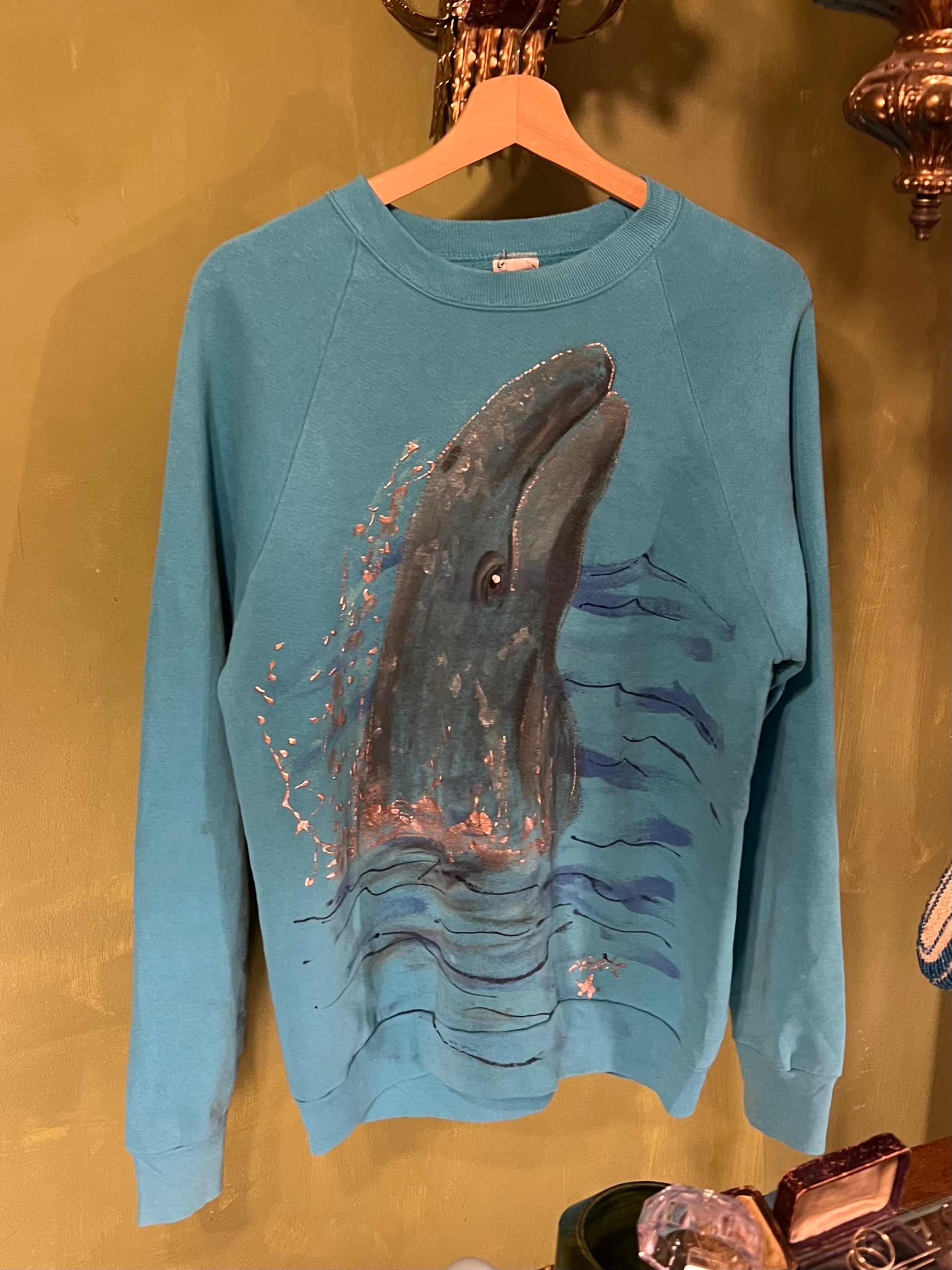 Vintage whal handpaint turquoise sweat ( ヴィンテージ くじら
