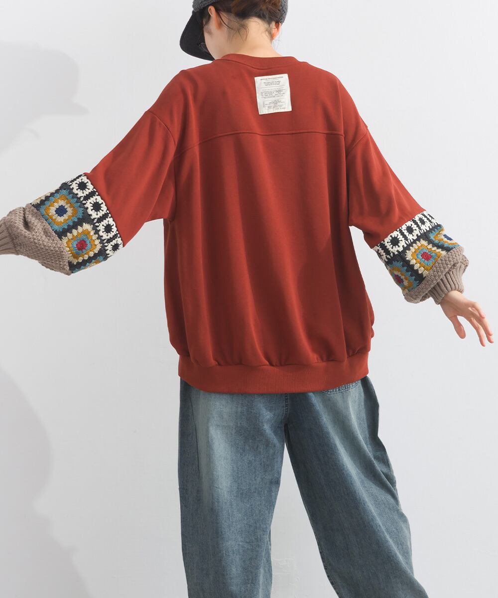 K53117 CT裏毛クロシェモチーフ袖切替スエットプルオーバー / K53117