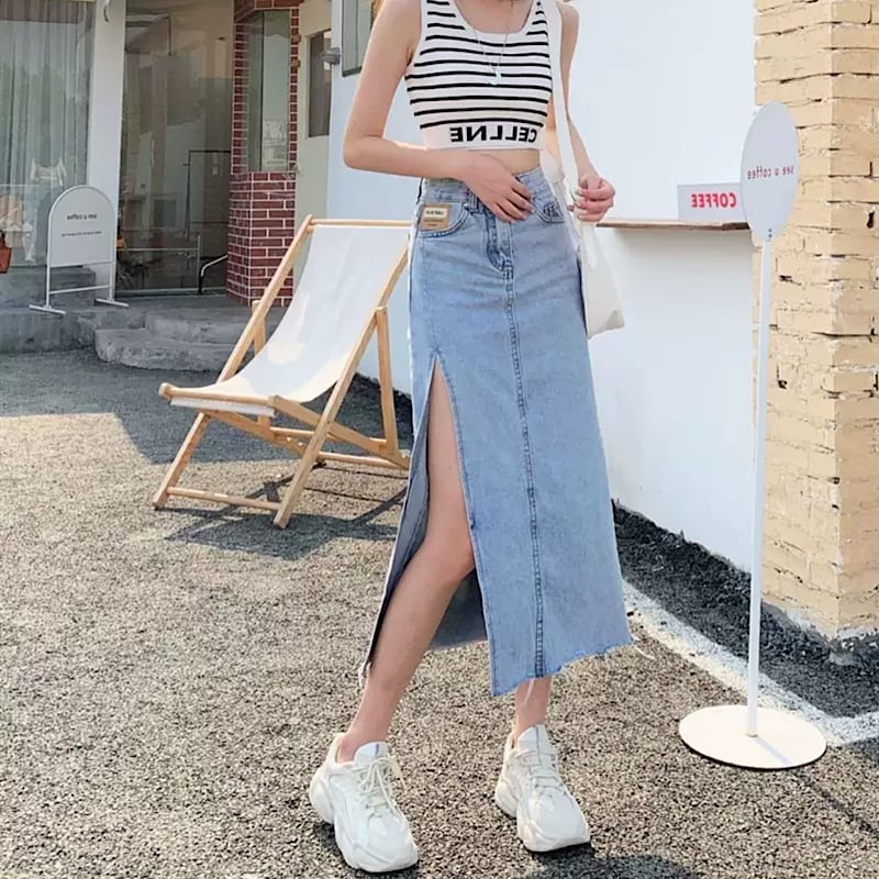 今っぽ スリットデザイン Iライン カットオフ デニムスカート ロングスカートミモレ丈 女っぽ セクシー 韓国っぽ カジュアル スカート タイト ヴィンテージライク Lamitte Deco トレンド 韓国ファッション ショップ Base店