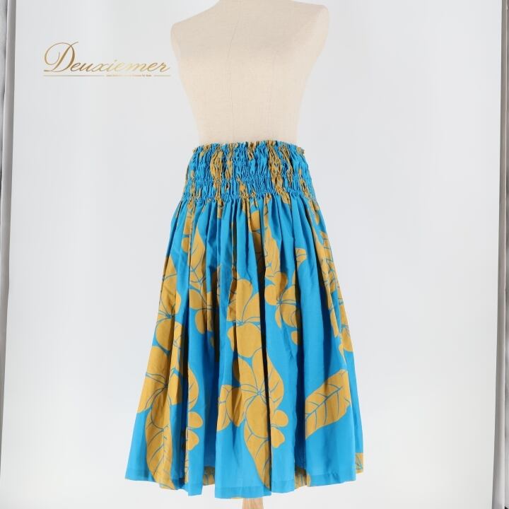 フラダンス 衣装 パウスカート ブルー系 シングル 花柄 葉っぱ柄