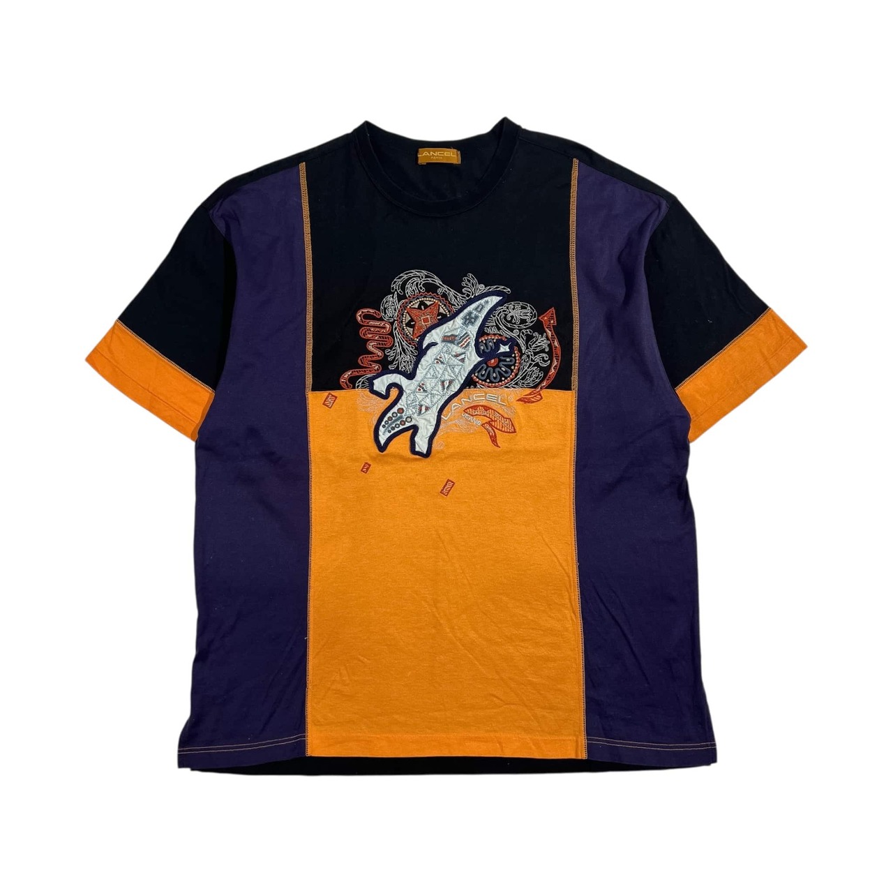 LANCEL ランセル 太陽 幾何学 刺繍 半袖 Tシャツ サイズ L/ブラック系 メンズ