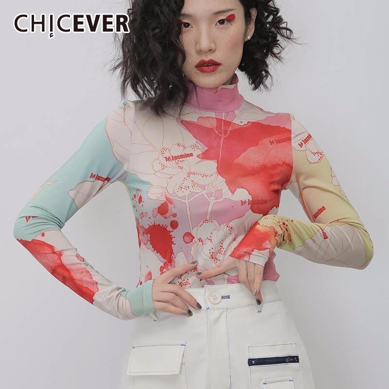 CHICEVERプリントヒットカラーTシャツレディースタートルネック長袖スリムシャツ洋服2020サマータイド ロング 夏物 6base585199562726