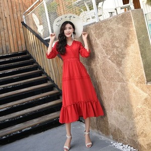 ワンピース ロング丈 七分袖 袖あり ロング ハイウエスト レース ボタン ひざ下 Aラインスカート リゾート 夏 海 レッド 赤 ホワイト 白 レディース 10代 20代 30代 旅行 可愛い