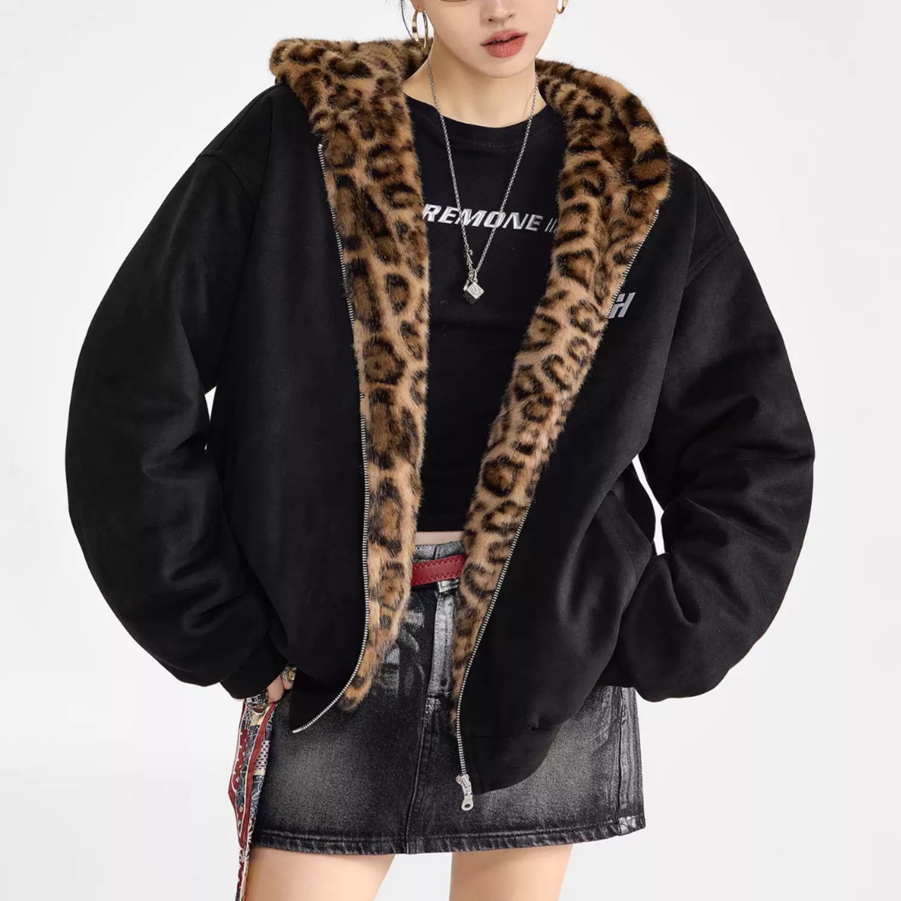 Women's Padded Coat with Leopard-Print Fur(ME498)