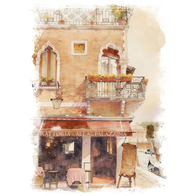 絵画 イタリア 風景画 ヴェネツィア（ベネチア）運河沿いにあるトラットリア  インテリアアート額付き 水彩画・油絵風 WAT1828