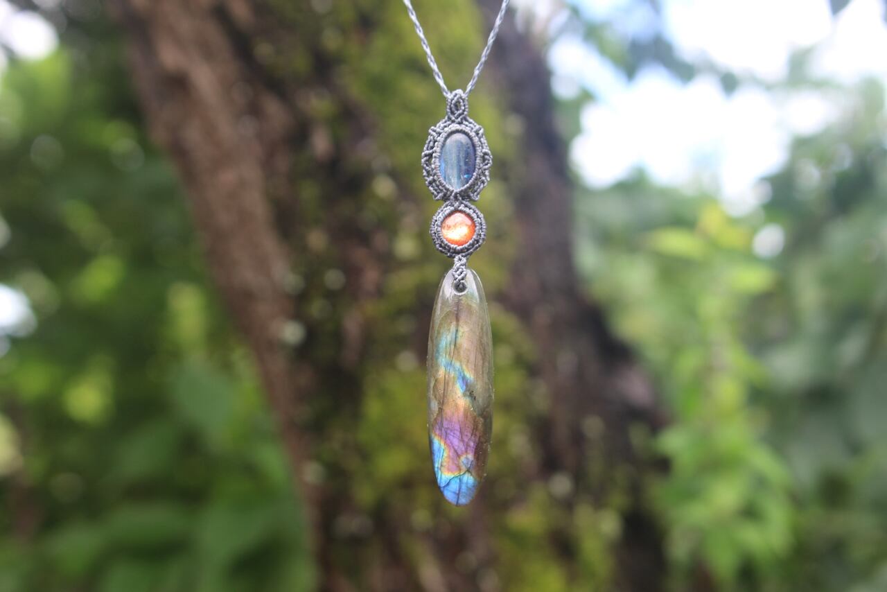 Multi Purple Labradorite & Sunstone & Kyanite micro macrame pendant