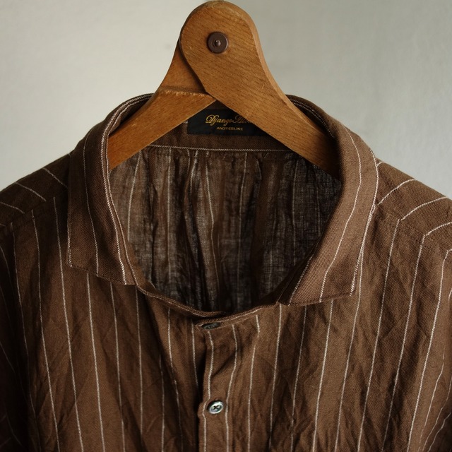 classic frenchwork quartersleeve linen shirt / brown x white