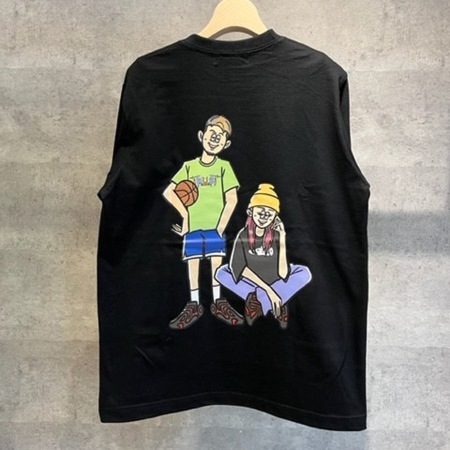 【ブラック】【アオキックスTRUSTコラボ】長袖 ロンT トップス カットソー Tシャツ プリント イラスト コラボ ユニセックス ストリート