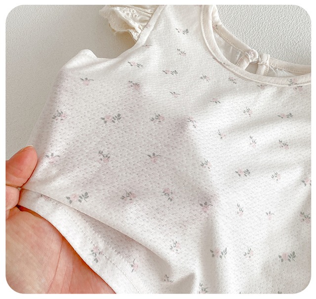 【セット】フリル袖小花柄半袖Tシャツサロペットロンパースセット - 14