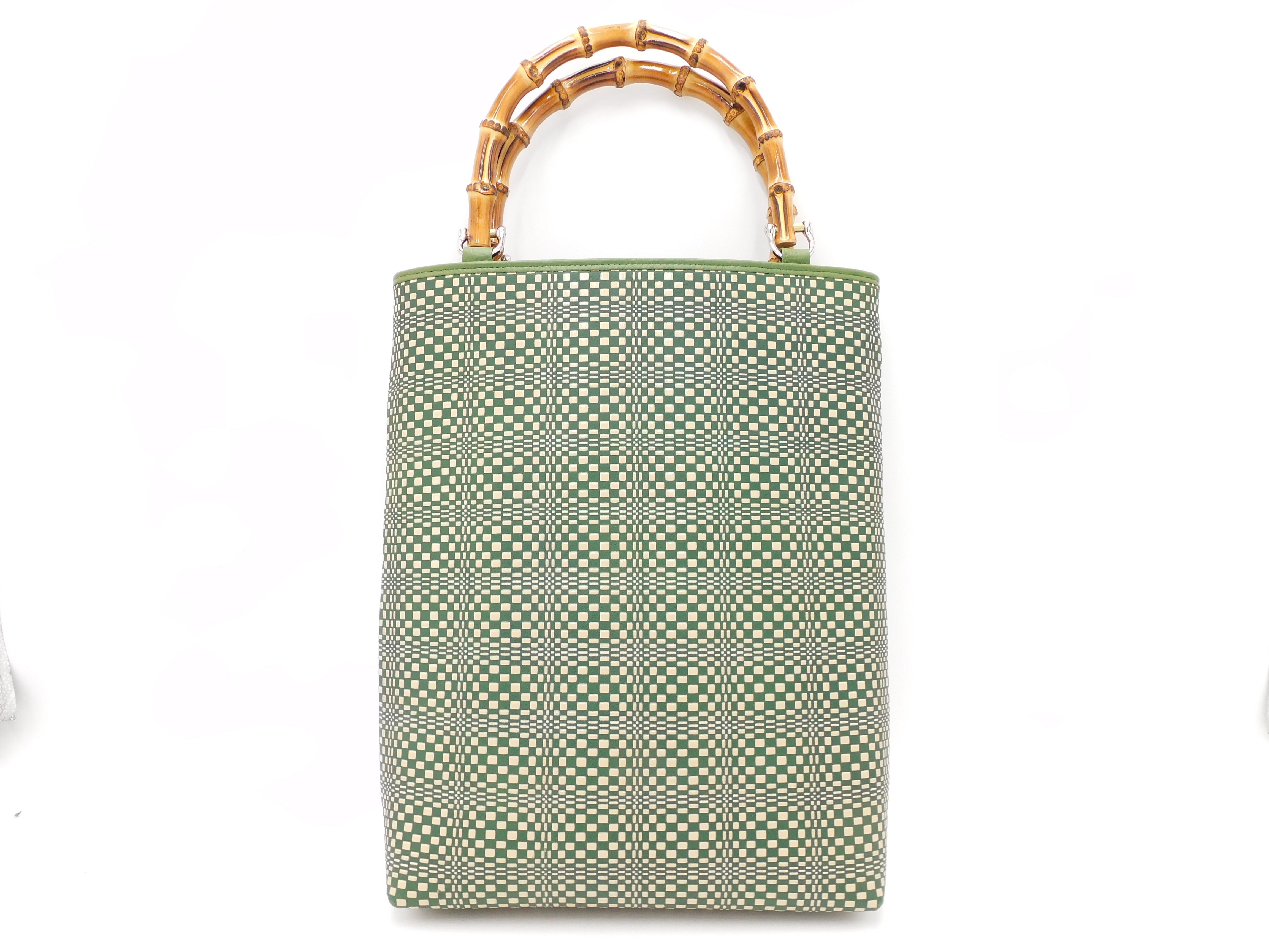 バンブー手提げ(特大)緑/白 変わり市松柄