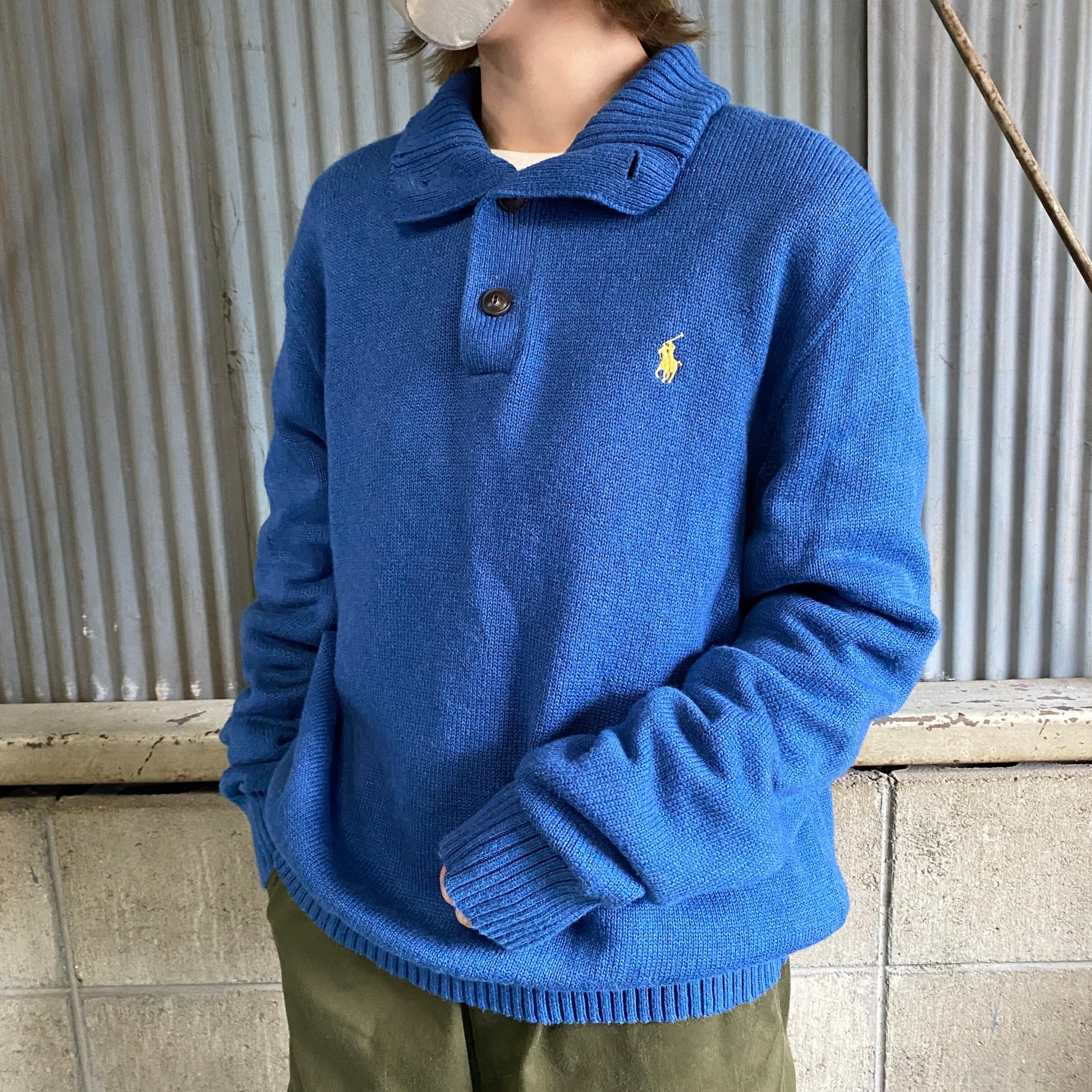 Polo Ralph Lauren ポロ ラルフローレン ハーフボタン コットンニットセーター メンズL 古着 青  ブルー【ニットセーター】【AN20】 | cave 古着屋【公式】古着通販サイト