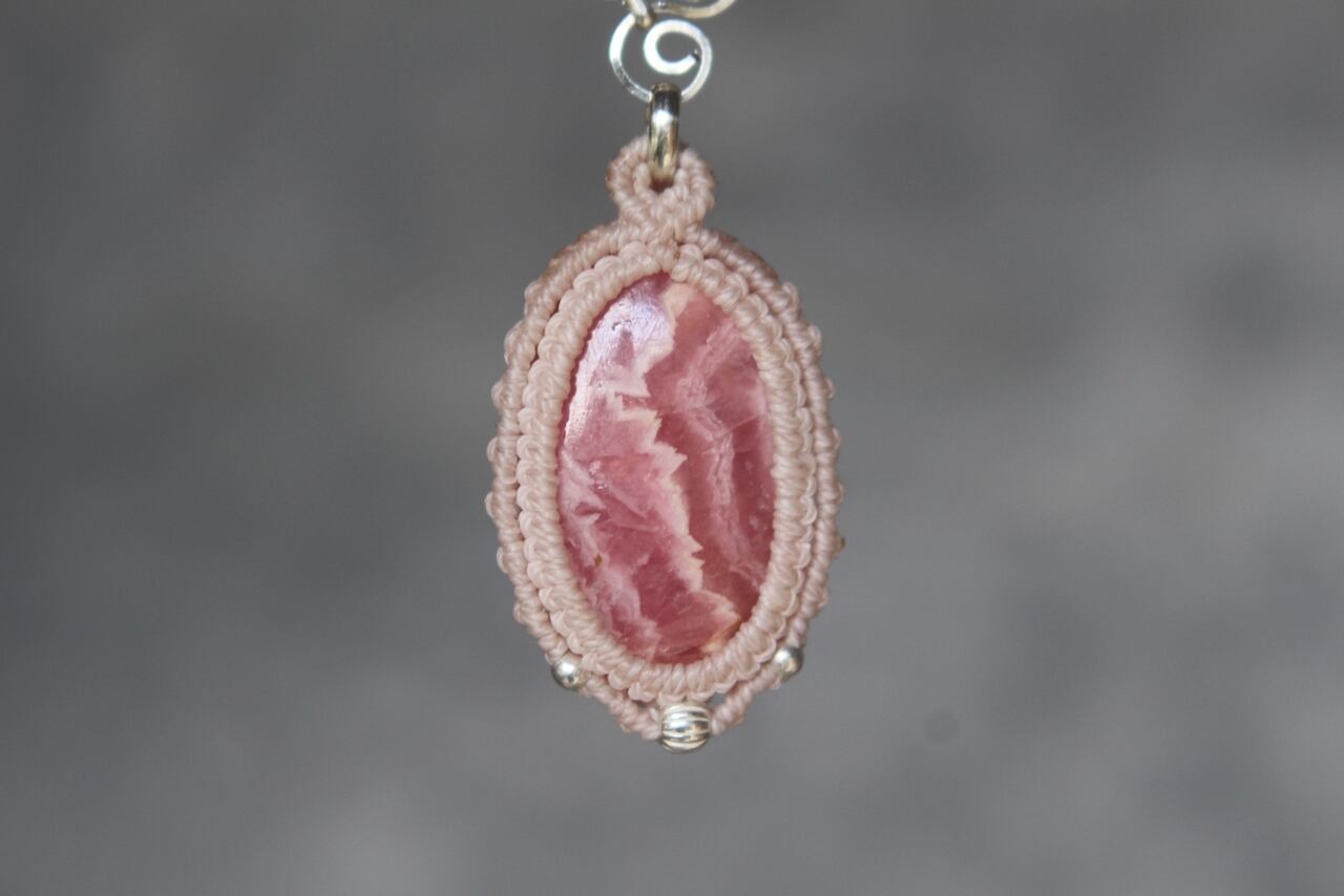 Rhodochrosite silver925 wirework micro macrame pendant