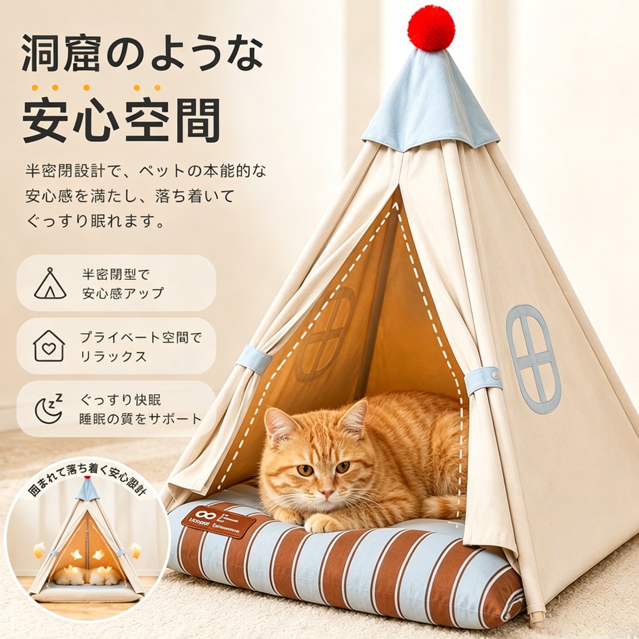JL95 . ネコ用テントハウス 四季対応 クッション付き木製フレーム