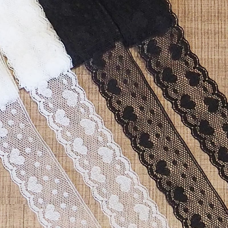 25mm幅 1m】ドット×ハート柄 ダブルハート レース 白 黒 | リボンと