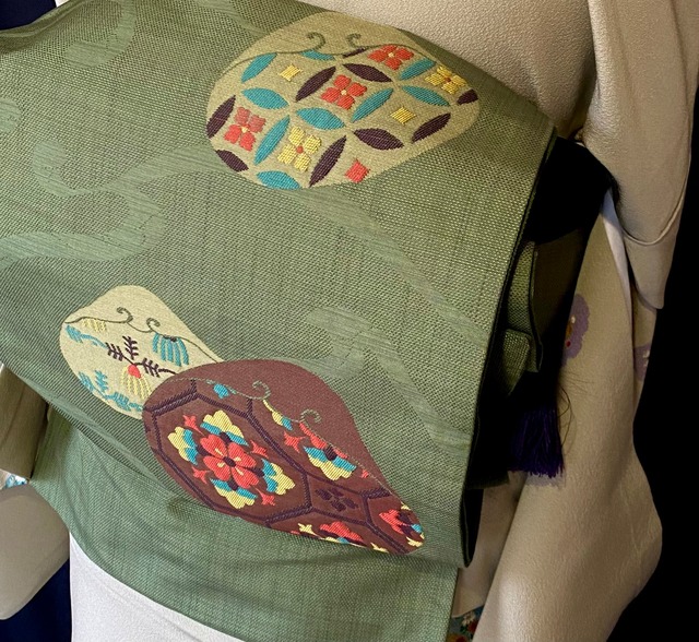 貝に花紋七宝の袋帯〉抹茶色 洒落袋 トール | 和小物 あかりや 