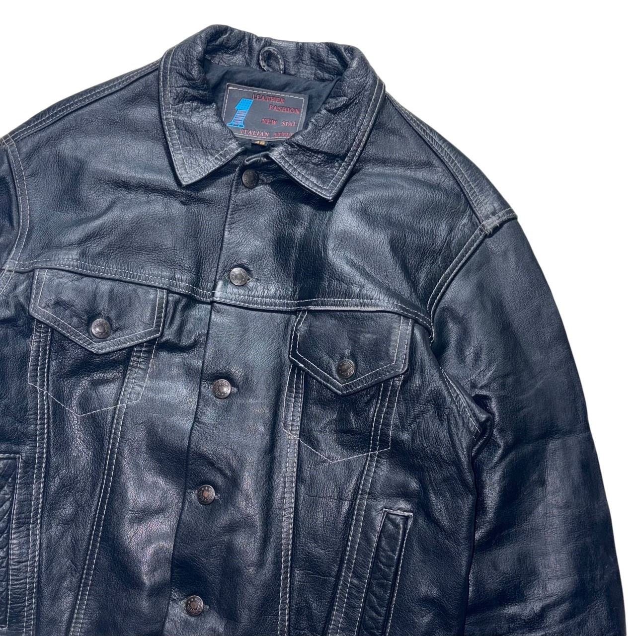 black leather trucker jacket