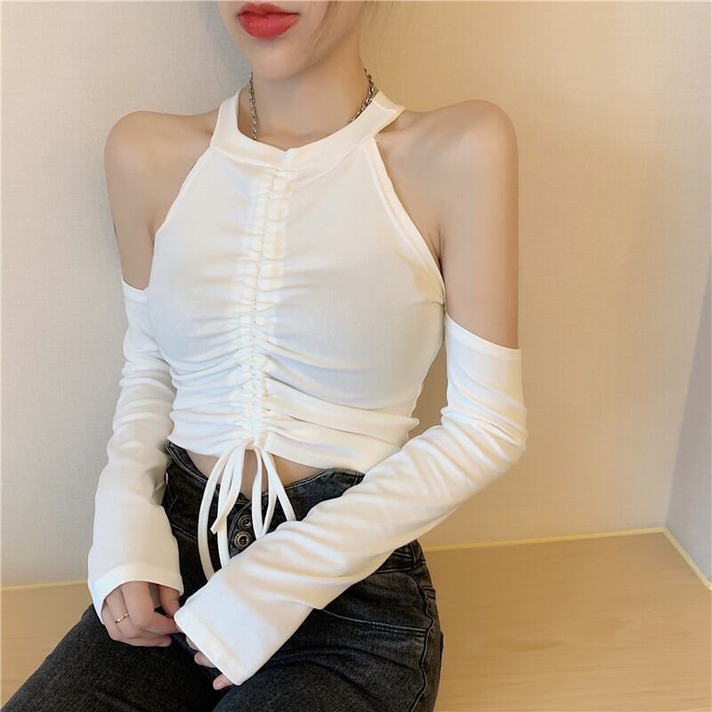 ストラップレスショートTシャツ シャツ レディーススプリングギャザーラウンドネックスリム長袖スリーブ ロング 春物 Oネック YY-ファッション53461977633