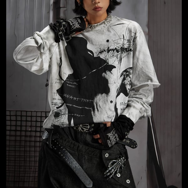 モノクログラフィックフェイクレイヤードロングスリーブTシャツ(ruf_03242)