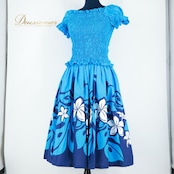 【美品 日本製 フラダンス衣装】ライトブルー ALOHA STANDARDS アロハスタンダード 上下セット ツーピース セットアップ 花柄