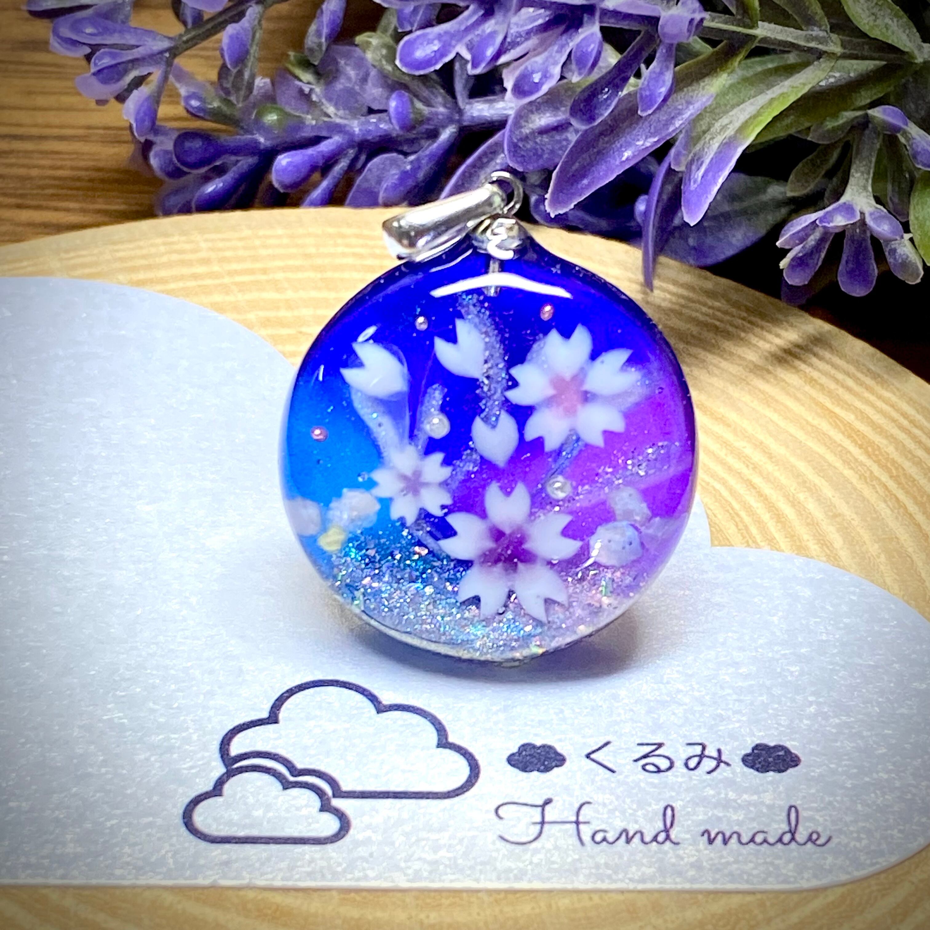 レジンペンダント 桜 丸プレート 24mm パープル シルバー