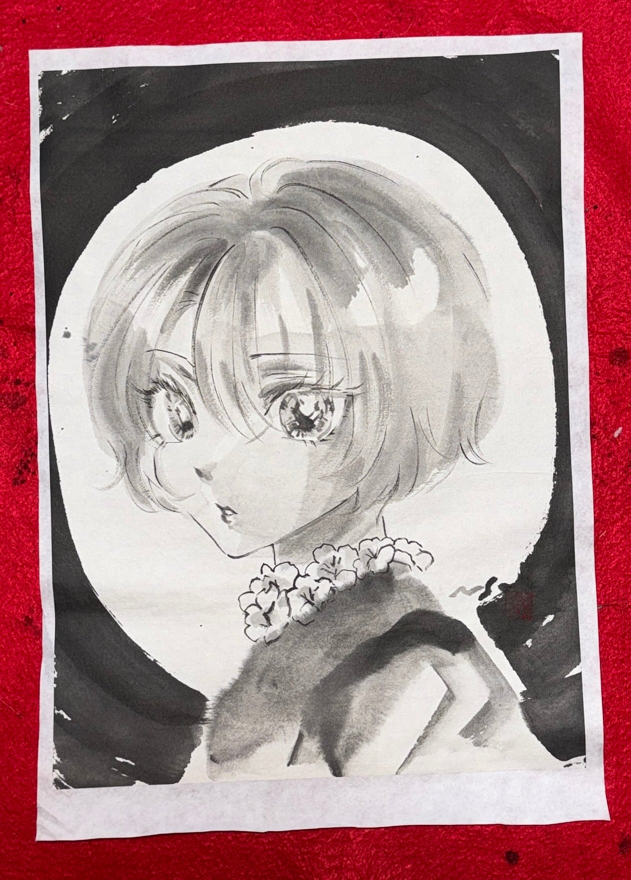 美人画 肉筆画 墨絵 水墨画 原画 現品限り #手 #花 | PAY ID