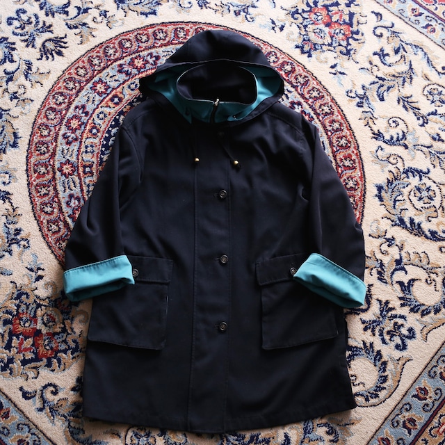 turquoise blue switching design zip-up and button jacket coat  with hooded