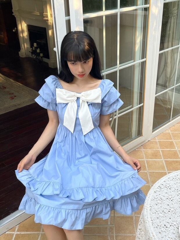 ワンピース マリン 水色 ワンピース リボン 上品 発表会 エレガント 赤