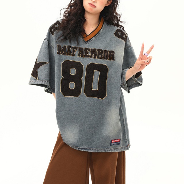 v-neck number denim short sleeve tee　Vネックナンバーデニム半袖ティー　J1039