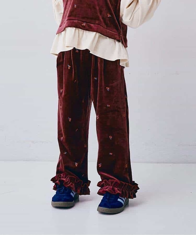 【26AW】F.O 刺繍ベロアフリルパンツ  (80/90/100/110/120/130/140) ブラウン