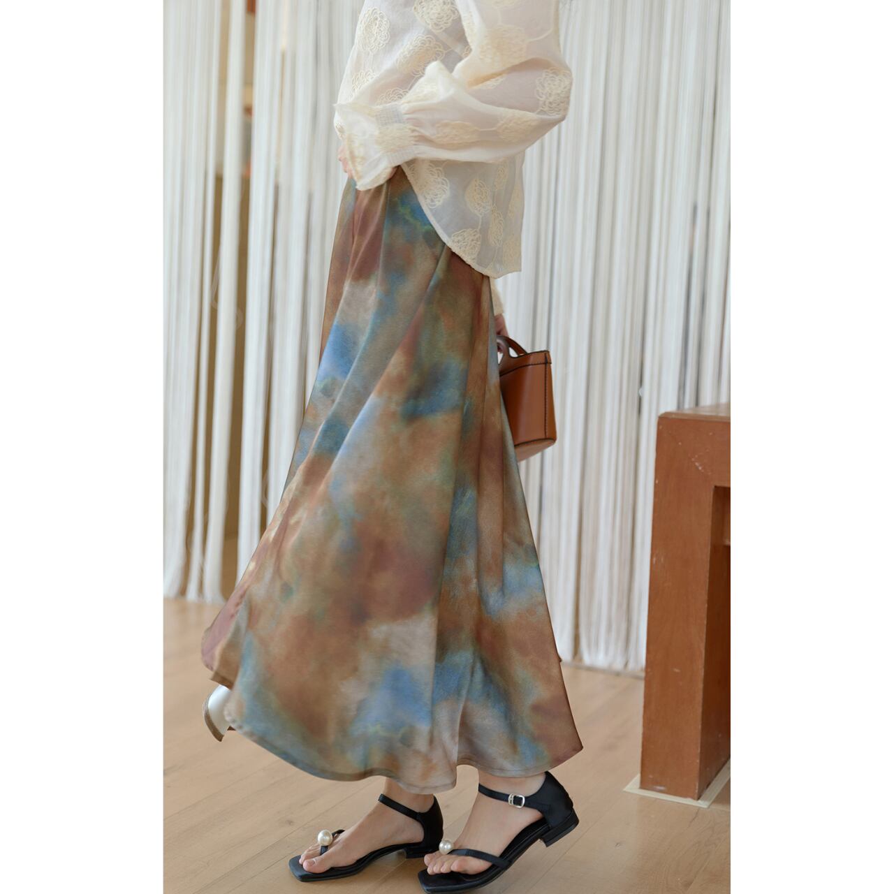 Oil painting style bleach-dyed A-line skirt 1813