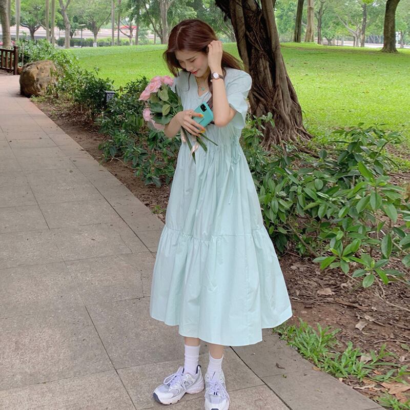 グリーンVネックドレス サマーロングスカート 夏物 試着室72810990352