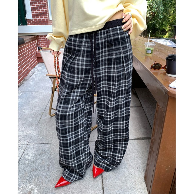 monochrome check drawstring easy pants  e2107