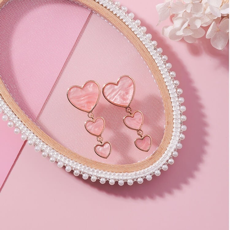 ピアス　薔薇　ピンク　白　マーブル　パール　ハート　プレゼント 海外発送】マーブルカラーがお洒落♡ ハート 3連 ピアス/イヤリング