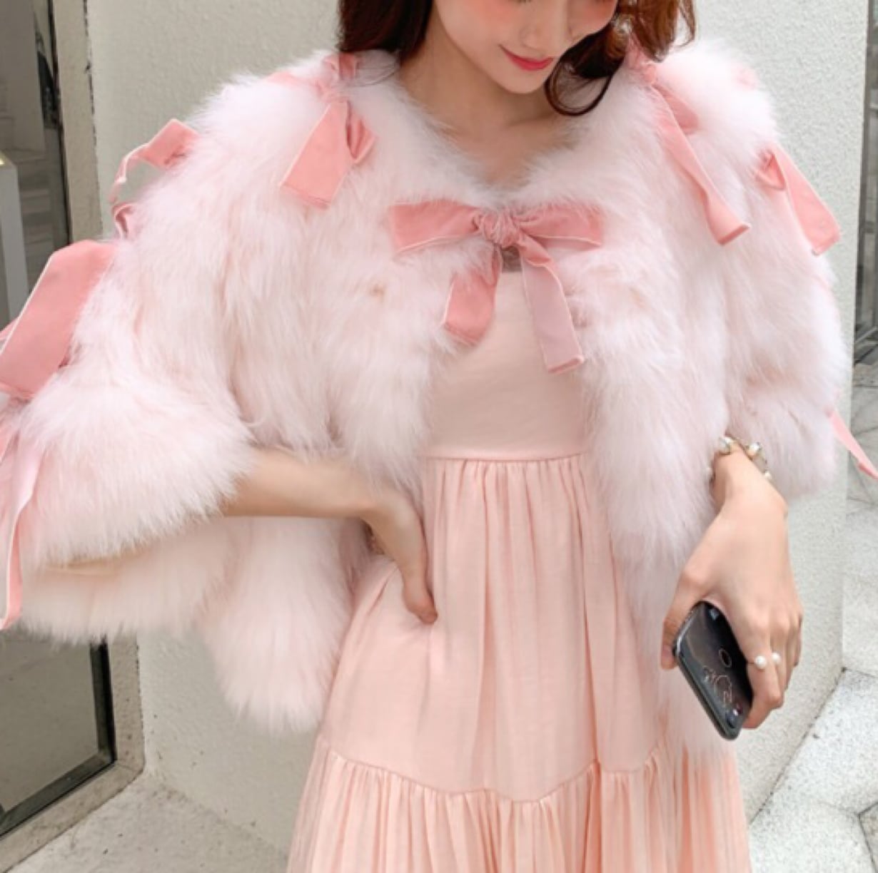 リボン 毛皮 ファー リボン ピンク コート カーデ アウター ジャケット