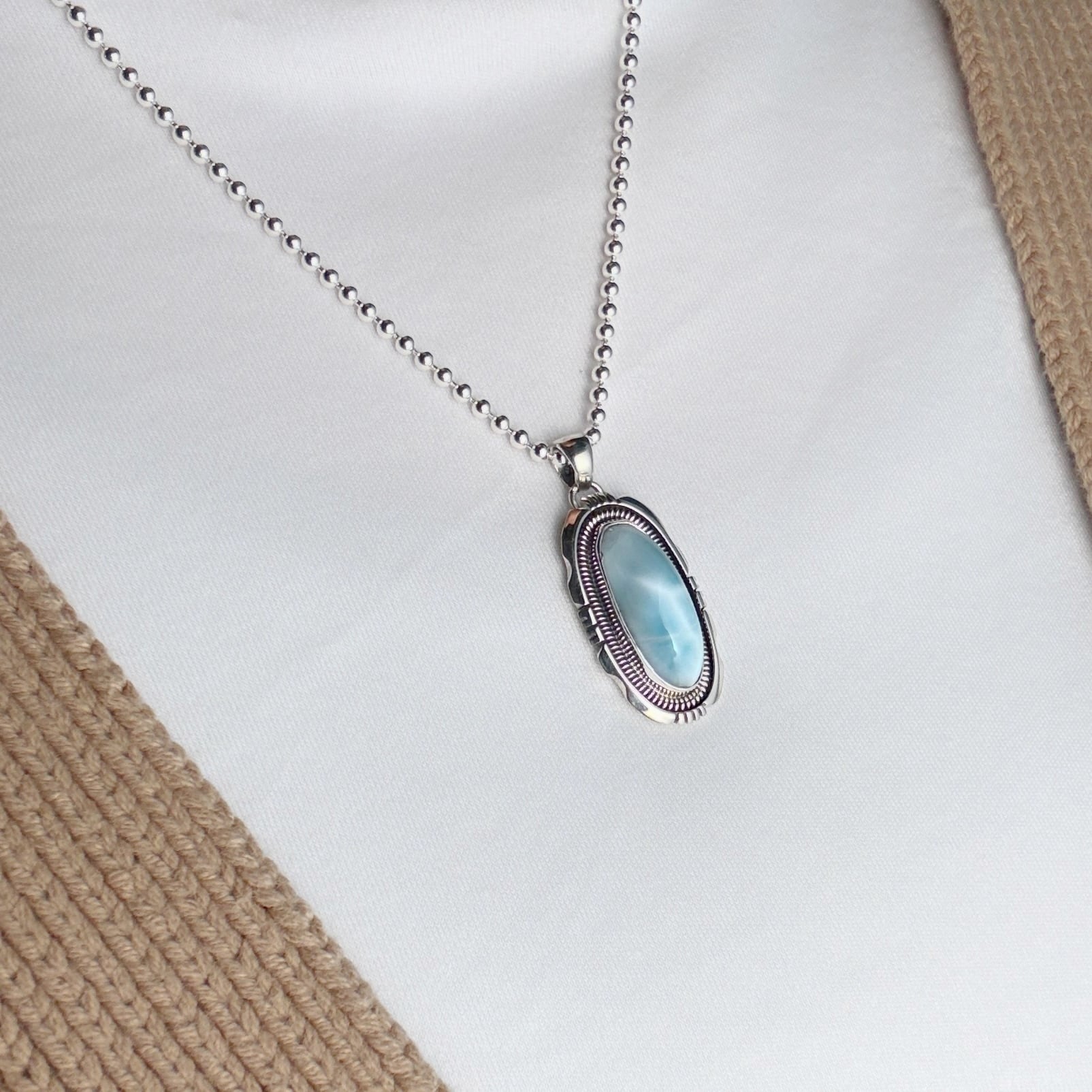 Indian Jewelry 》一点物 ラリマー ロングオーバル ペンダント