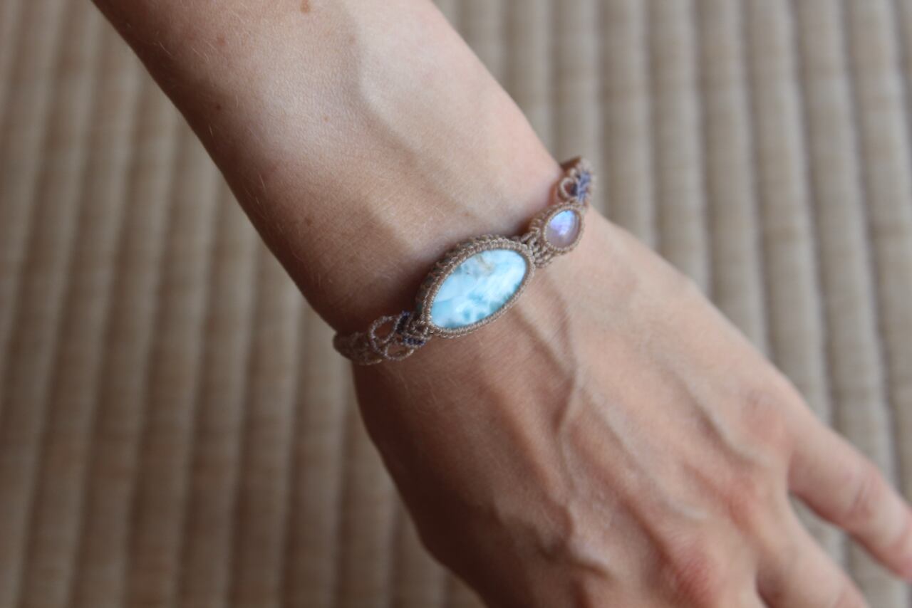 Larimar & Rainbow moonstone micro macrame bracelet