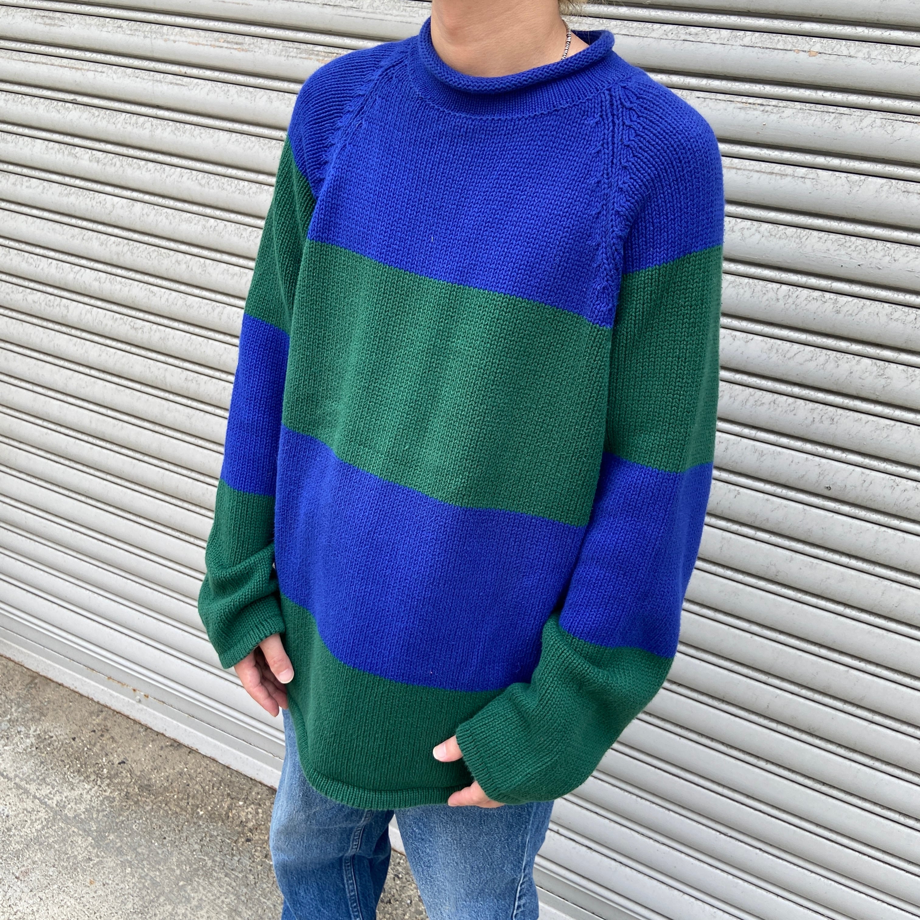 90s J.CREW ボーダー柄ロールネックコットンニット セーター 緑 青 L 