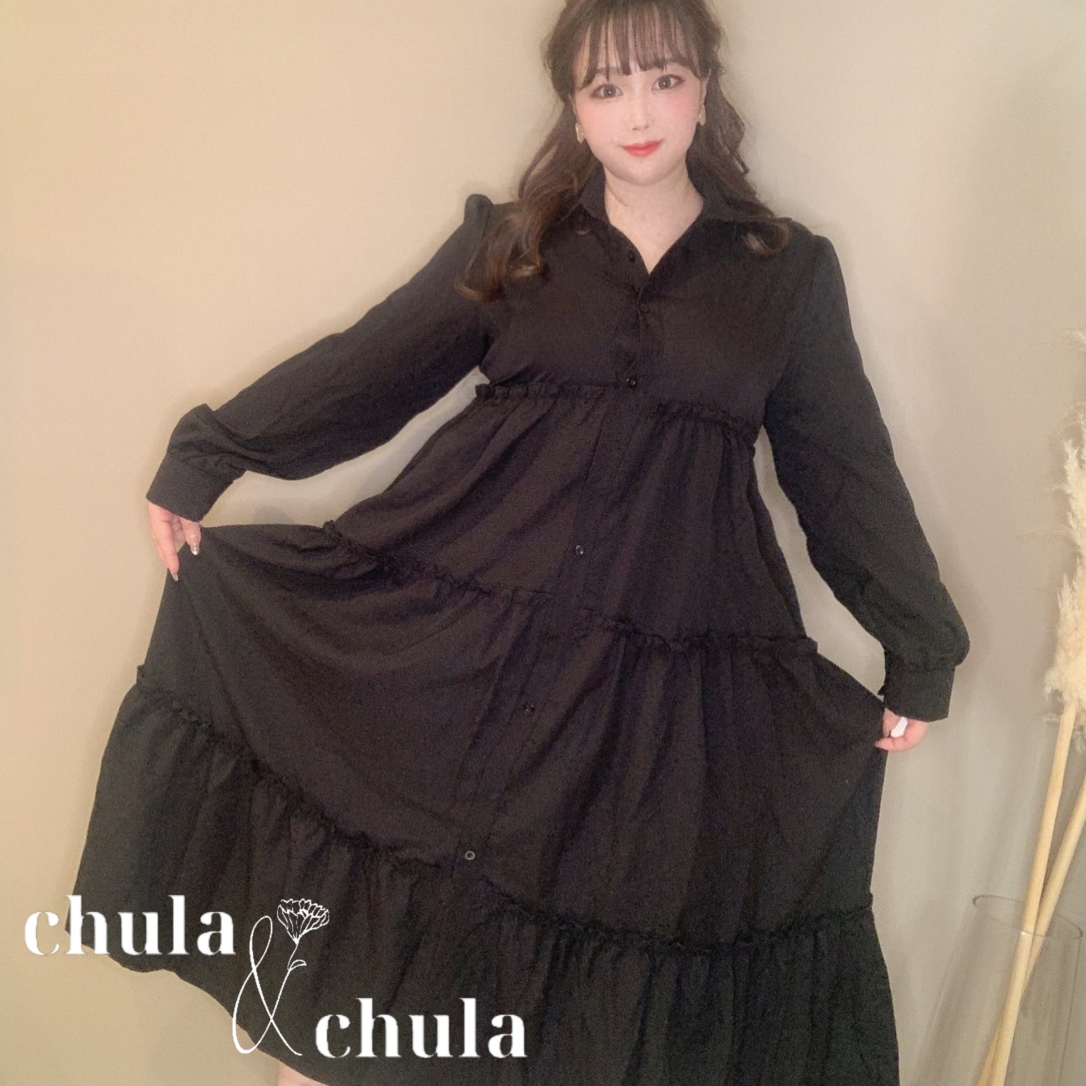 大きいサイズ レディース韓国ファッション ティアードシャツワンピース 長袖 無地 Aライン フェミニン きれいめ シンプル Ch34 可愛い 大きいサイズ韓国レディースファッション通販 Chulachula チュラチュラ