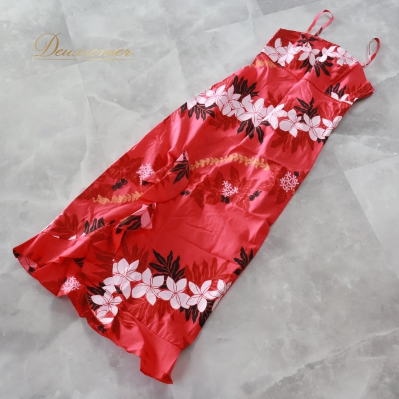 フラダンス 衣装 ワンピース ドレス レッド系 ハワイアンプリント アロハ フラ ダンス レッスン 練習 キャミソールドレス 華やか 鮮やか かわいい おしゃれ 上品 大人っぽい ホワイト系 ブラック系 イエロー系 赤 白 黒 黄 キャミソール スリット カジュアル ダンス衣装 サマーエレガンス リゾートスタイル