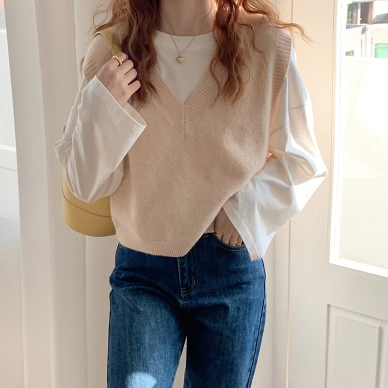 Vネックニットスプリングオータムセーター ノースリーブレッド 春物 秋物 試着室53069125109