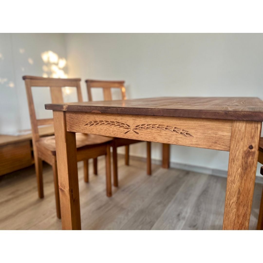 麦穂彫刻・引き出し付き カントリー ダイニングテーブル W140 ×D80