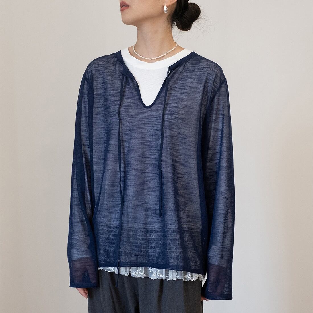 sheer slit neck knit tops m-0051