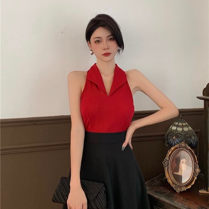 スタンダードレッドニットセーター ノースリーブトップス スカート サマー レトロ 夏物 ドラファッションホール41829465075