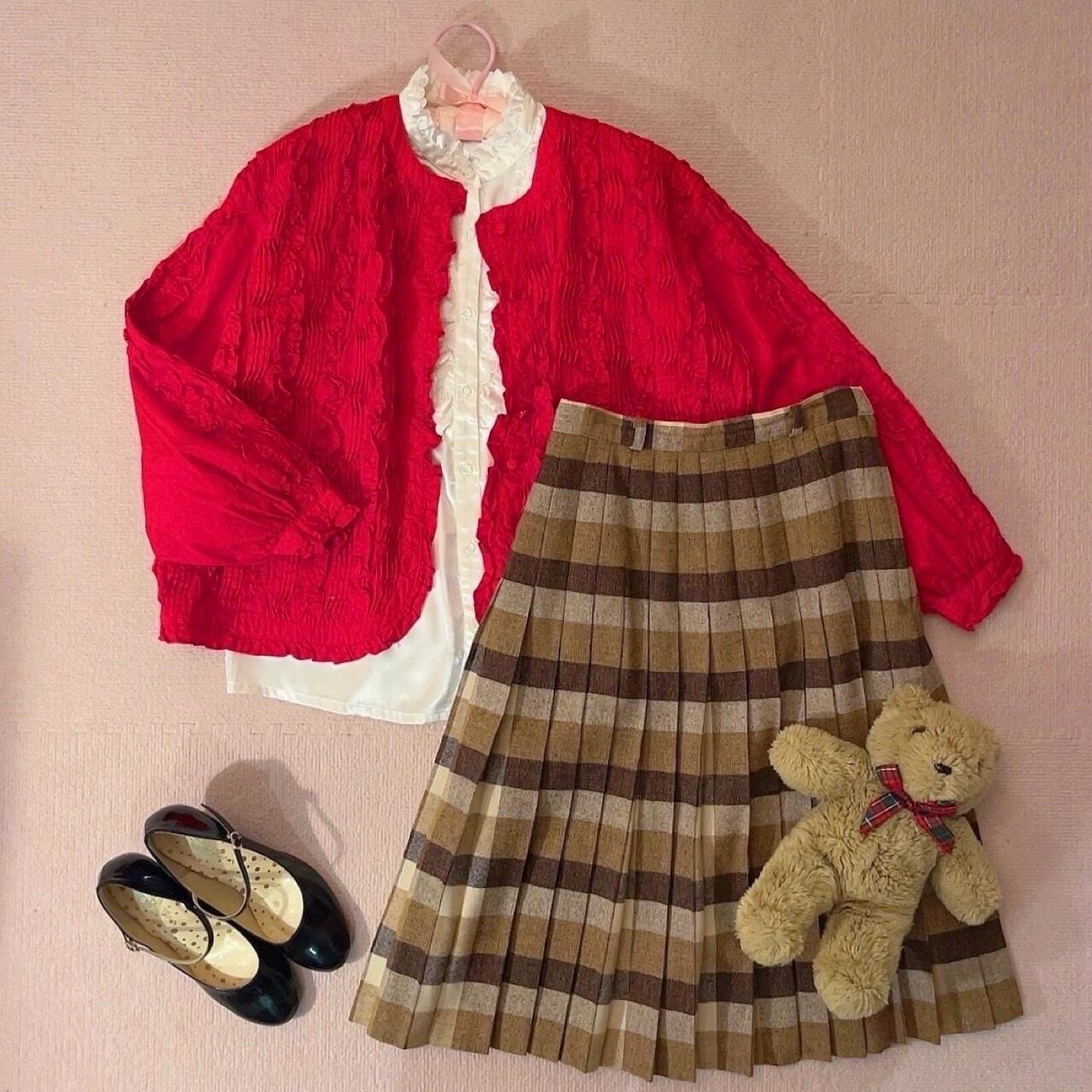 red frill pintuck cotton blouse