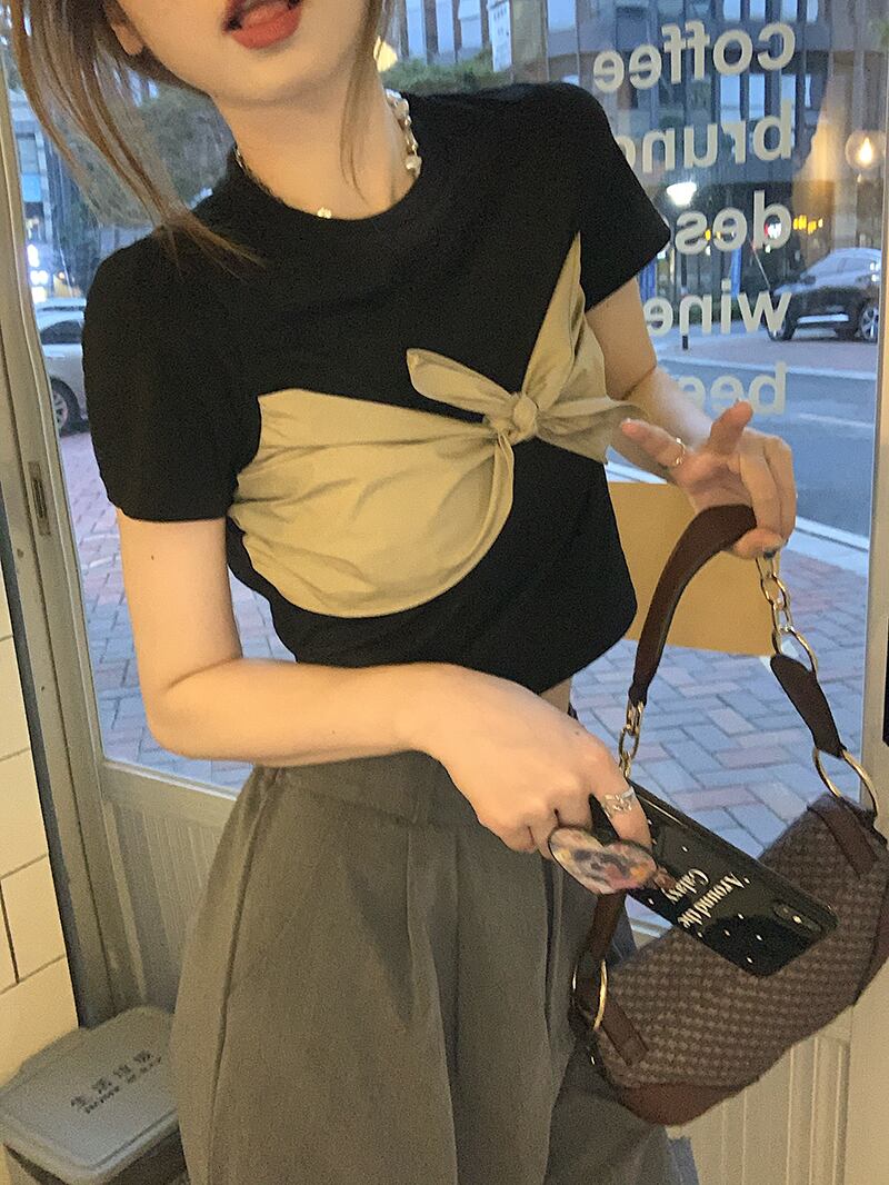 ブラックリボンショートTシャツ サマートップス 大人ガーリー スウィート キュート カジュアル 夏物 モンロー71800799859