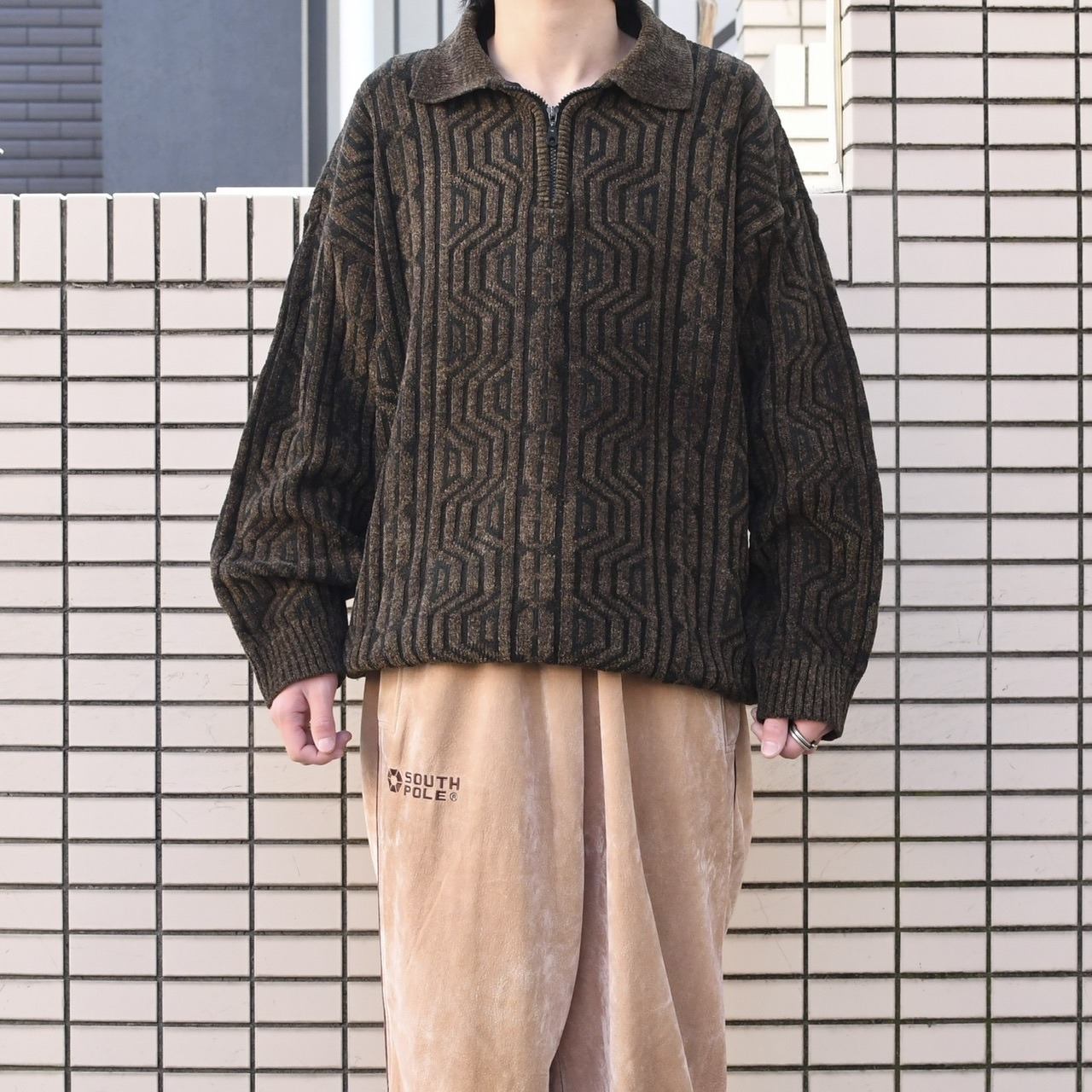 half zip design jacquard knit polo