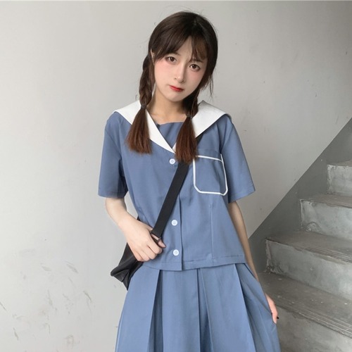 ✞ きれいめ☆ネイビーシャツブラウス♥カワイイ♥プリーツスカート ✞ゴスロリ SM ミリ 甘ロリ クラロリ 和ロリ エレガント 黒ロリ 姫ロリ 華ロリ BB-BB3171286