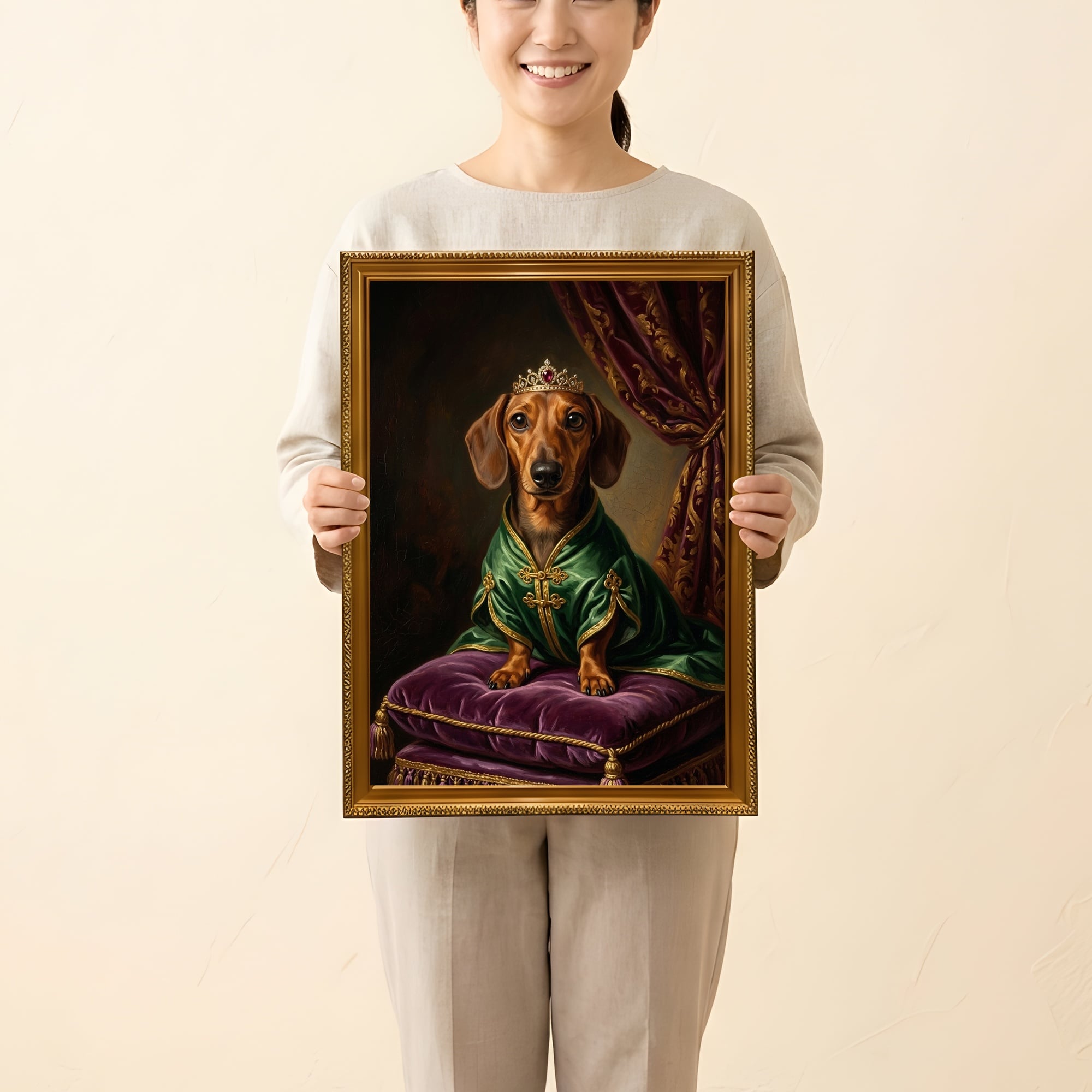 犬（ミニチュアダックスフンド）のルネサンス風肖像画 A3額装